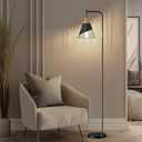 67" Industrial Floor Lamp with Wood & Black Metal Shade, Modern Standing Lamp, Rustic Farmhouse Tall Lamp for Living Room Bedroom Office, 2700K Bulb & Foot Switch Included (Black)