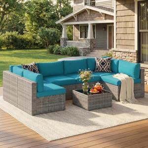 May in Color 7 Pieces Wicker Outdoor Patio Furniture Set, Patio Sectional Sofa with Coffee Table, All-Weather Outdoor Sectional Furniture for Garden Backyard, Light Blue