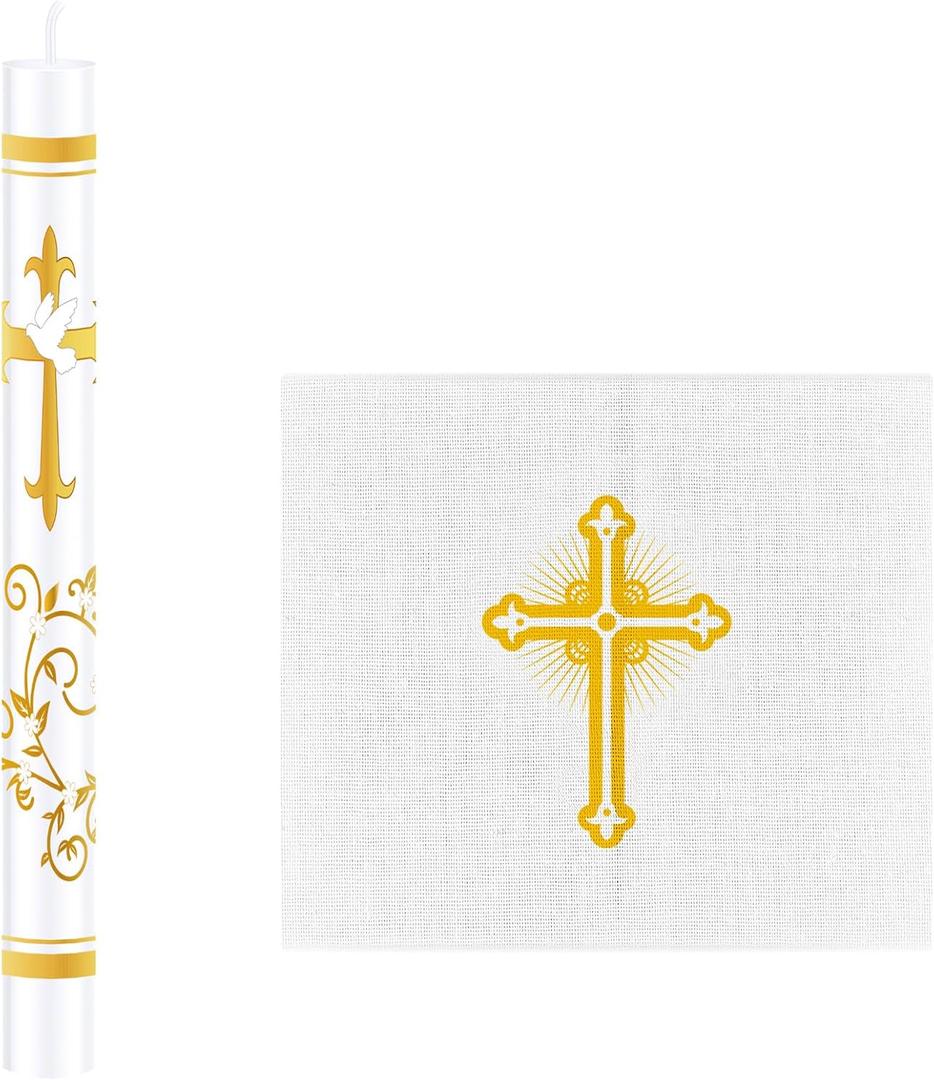 MTLEE Pack of 2 Baptism Candle Set for Boys and Girls, Baby Baptism Cloth with Gold Cross and Sacramental Catholic Candle Velas para Bautizo Christening Set
