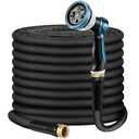 Non-Expandable Garden Hose 50feet, Flexible Water Hose with 10 Function Hose Nozzle, Lightweight, Tangle Free, Rust Proof for Yard (Black)