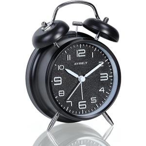 AYRELY Super Loud Twin Bell Alarm Clock for Heavy Sleepers Adults, 4-Inch Retro Silent Non-Ticking with Night-Light, 3D Raised Number Dial, Battery Operated for Bedroom Bedside(3D Dial  Black)