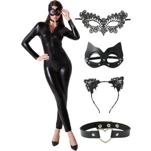 Maxim Party Supplies Leather Catsuit Costume Bodysuit for Women 5 Piece Latex Jumpsuit include 2 Masks, Choker, and Cat Ears (Small/Medium)