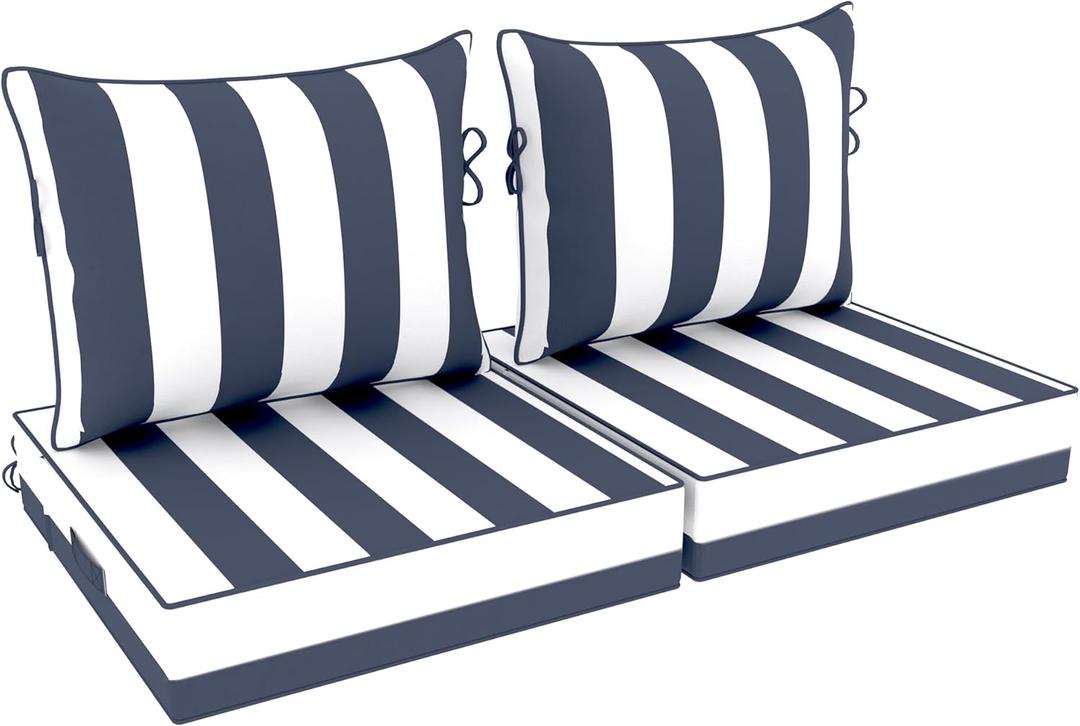 Deep Seat Patio Cushions 22 x 22 Inch Waterproof Outdoor Chair Cushions Set of 2 Loveseat Cushions for Outdoor Furniture 4'' Thick Patio Furniture Cushion with Handle Straps, Blue Stripe