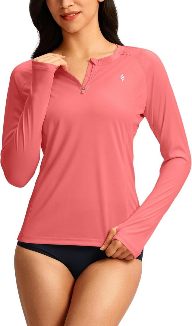 SANTINY Women's Rash Guard UPF50+ SPF Long Sleeve Swimsuits Top UV Sun Protection Swim Shirts for Woman with Zip