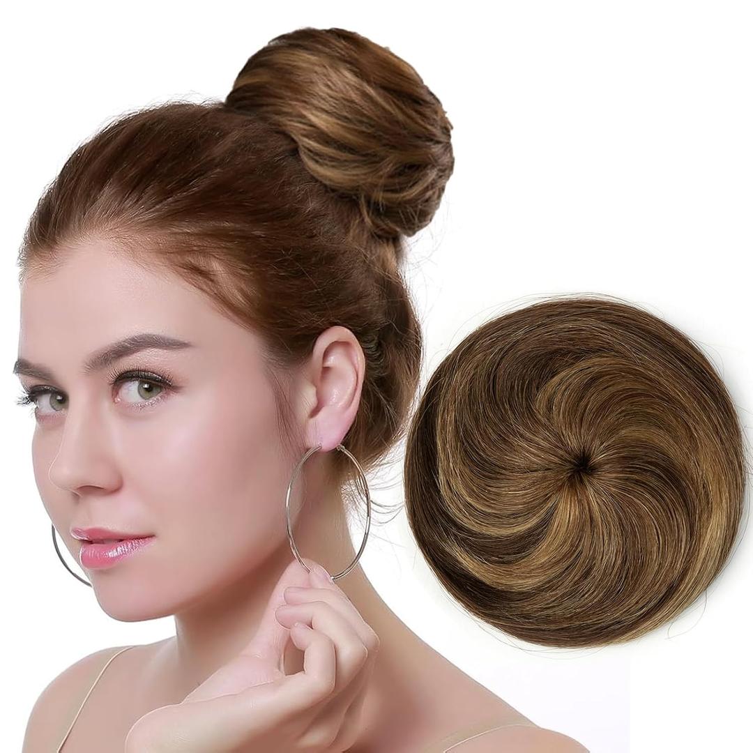 Human Hair Highlight Brown Drawstring Chignon, Large Size Straight Updo Donut Bun, Secure Hold Natural Soft Hair Piece for Work Ballet Nurse, Easy 30s Wear for Bad Hair Day & In-Between Wash Days
