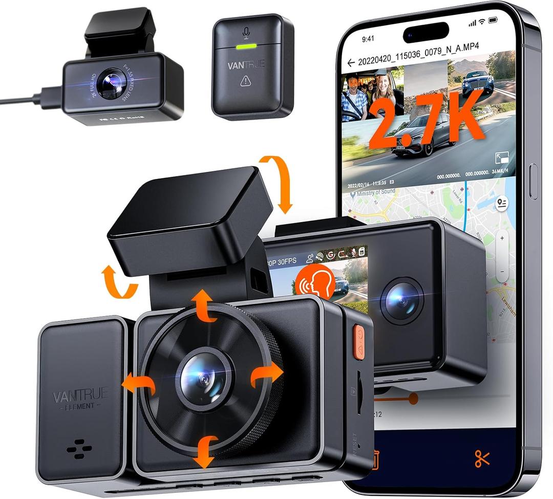 Vantrue E3 3 Channel 2.7K WiFi Dash Cam with GPS, Voice Control, STARVIS, IR Night Vision, 24 Hour Buffered Parking Mode, 3 Way 1944P+1080P+1080P Front and Rear Inside Dash Camera, Support 512GB Max