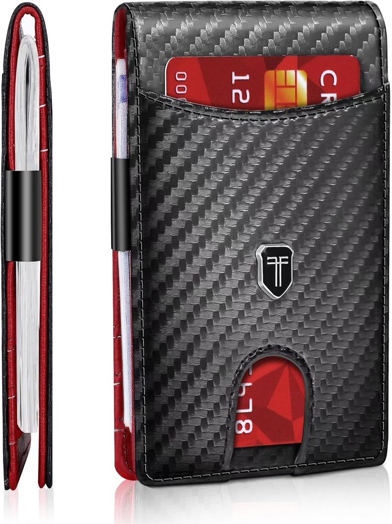 Gostwo Slim Wallet for Men RFID Minimalist Front Pocket Bifold Wallet ID Window Card Case with Money Clip Thin Credit Card Holder Gifts for Him (Carbon Black & Red)