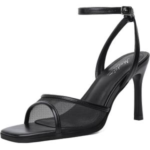 Mostrin Strappy Heels for Women Square Open Toe Lace Up Heeled Sandals Ankle Strap Sexy Stiletto High Heels for Party, Prom, Dating, Wedding, 8, Black_mesh #07