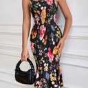 PRETTYGARDEN Women's Summer Floral Midi Tank Dress Sleeveless Strappy Ruffle Hem Smocked Bodycon Dresses (Black, M)