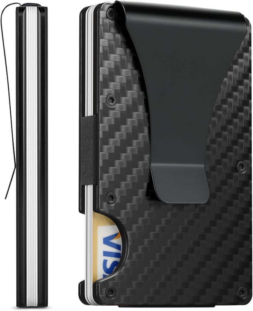 Carbon Fiber Minimalist Wallet for Men Credit Card Holder Money Clip & Cash Strap Slim RFID Mens Wallets(Matt Carbon Fiber)