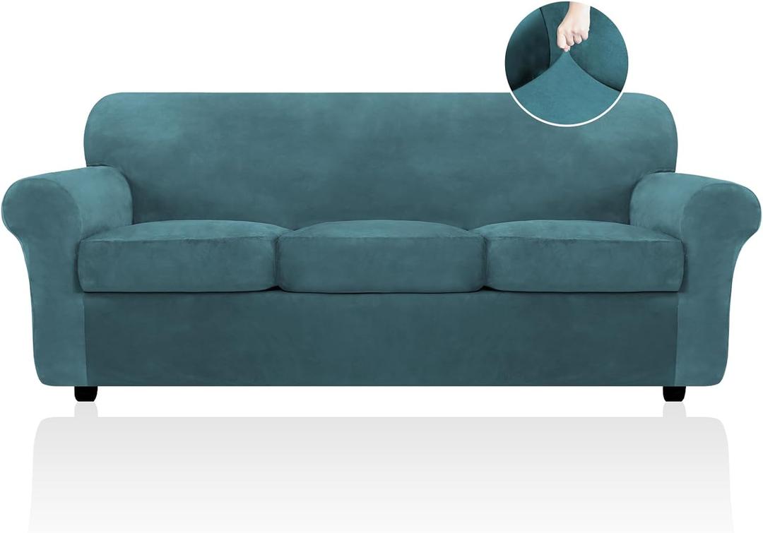 FestiCorp 4 Piece Velvet Sofa Covers for 3 Seat Cushion Couch Sofa Slipcovers, Stretch Couch Cover, Thick Furniture Protector for Dogs Pets, Sofa, Peacock Blue (Large)