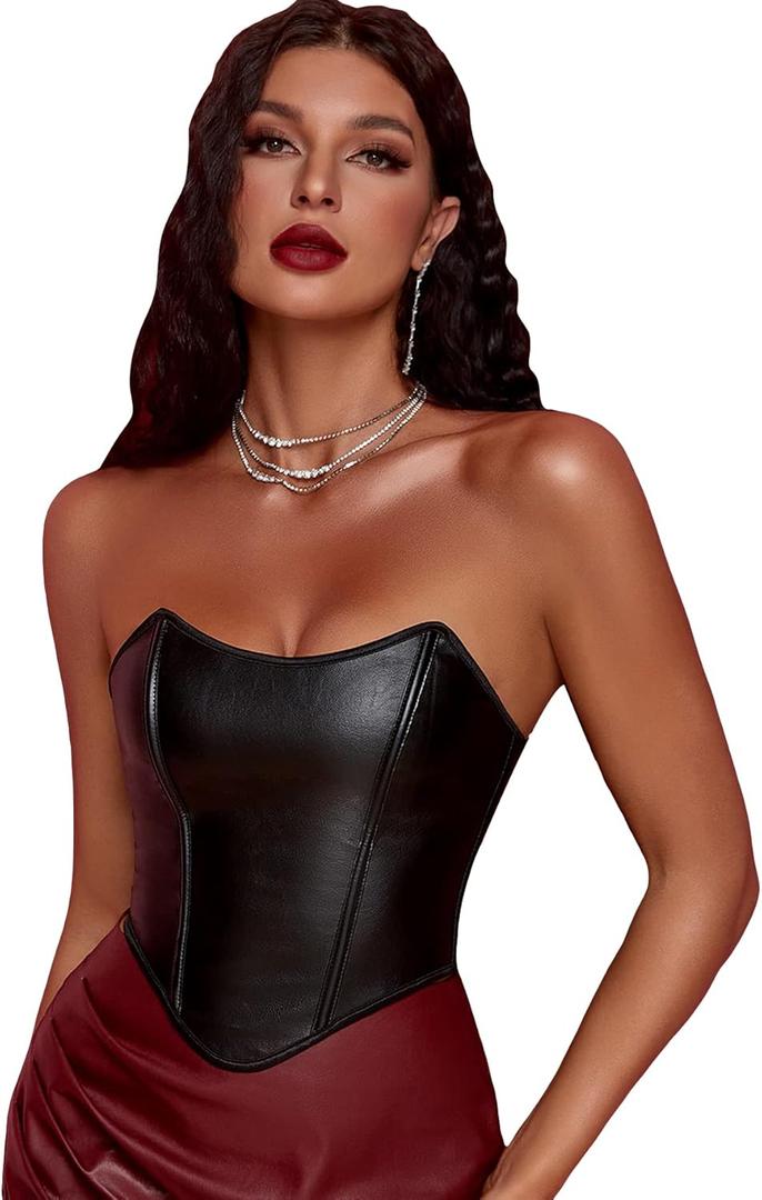 SOLY HUX Women's PU Leather Overbust Corset Bandana Tube Tops Lace up Strapless Boned Body Shaper Bustier (Large)