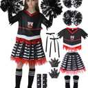 Cheerleader Costume for Girls Zombie Cheerleaders Outfit Kids Halloween Scary Bloody Dress Accessories Set (XX-Large(14-16 Years), Black-red)