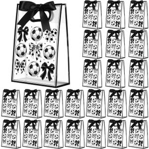 Sunnymove 36 Pcs Cheer Clear Plastic Gift Bags with Handles 10 x 7 x 3.1 Inch Reusable Clear Goodie Snack Treat Gift Bags with Ribbon for Cheerleader Teammates Sport Party Supplies (Soccer Bow)