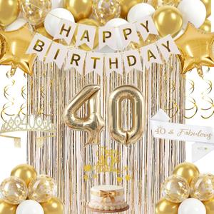 40th Birthday Decorations for Women, Champagne Gold 40th Birthday Decorations Women, 40 Sash and Crown, Banner, Fringe Curtains, Hanging Paper Fans, 40 and fabulous decor