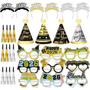 HOWAF 44pcs New Years Eve Party Supplies 2026, Happy New Years Decorations NYE Party Favors New Year Headband Glasses New Year Hats Fringed Noisemaker for New Year's Eve Party Decoration