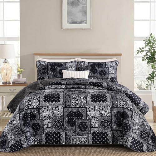 Cottolester Boho Patchwork Quilt Set King Size,Black Grey Bedspread,Paisley Floral Bedding Set Soft Microfiber Quilt with 2 Pillow Shams 110"x90"