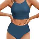 Herseas Women's Bikini Sets High Neck Tropical Leaf Print High Waisted Two Pieces Swimsuits Bathing Suits (Blue, M)