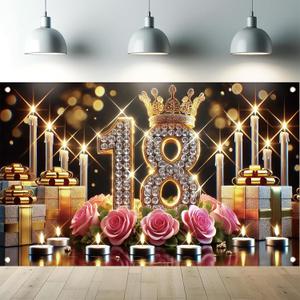 Happy 18th Birthday Backdrop Banner 18th Birthday Decorations for Girls Diamond Gold 18 Year Old Birthday Party Sign Photo Booth Props Background Decor Supplies 71 x 43 inch