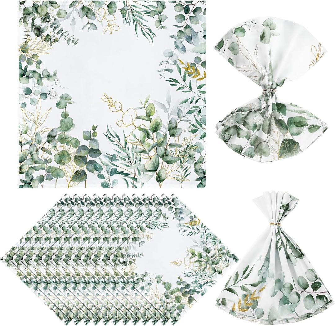 12 Pcs Cloth Napkins 18 x 18 Inch Napkins Washable Dinner Table Tea Party Polyester for Kitchen Summer Christmas Party Wedding Restaurant Indoor (Green Leaves)
