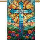Easter House Flag 28x40 Inch Double Sided Stained Glass Large Cross Garden Flag Burlap Yard Flag for Outdoor Outside Holiday Decoration