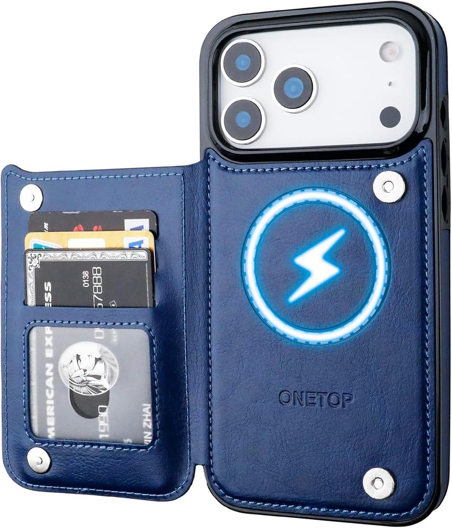 ONETOP Compatible with Magsafe for iPhone 17 Pro Max Wallet Case with Card Holder, PU Leather Kickstand RFID Blocking Case, Double Magnetic Clasp and Durable Shockproof Cover 6.9 Inch (Blue)