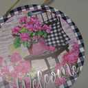 Deroro Welcome Spring Summer Geranium Flower Front Door Sign, Pink Floral Chair Buffalo Plaid Wood Door Hanger Outdoor Outside Porch Decor, Farmhouse Wooden Wreath Indoor Wall Hanging Decoration