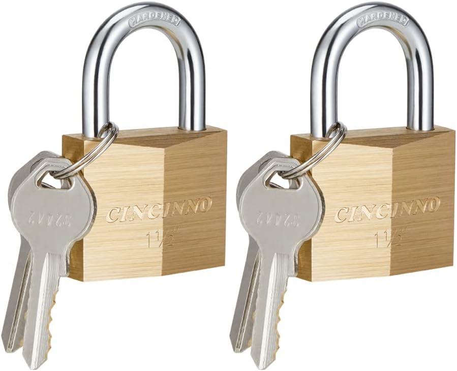 CINCINNO Solid Brass Padlock with Key, Key Lock with 1-9/16" Wide Body, 2 Pack Keyed Alike Locker Lock with Key