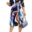 Women's Plus Size Faux Wrap Cocktail Party Dresses 3/4 Sleeve Deep V Neck Swing Wrap Floral Midi Dress with Belt Purple/Blue 3XL