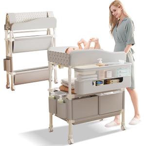 Baby Changing Table, Versatile Folding Changing Table with 2 Drawers, Portable Baby Diaper Changing Station with Toy Holder, Adjustable Height Mobile Nursery Diaper for Infant and Newborn
