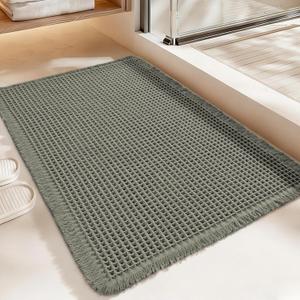 Luxury Waffle Bath Mat, Super Absorbent Non Slip Bathroom Rugs, Boho Ultra Soft Comfort Machine Washable Quick Dry Floor Mats with Tassels (Olive Green, 17" x 24")