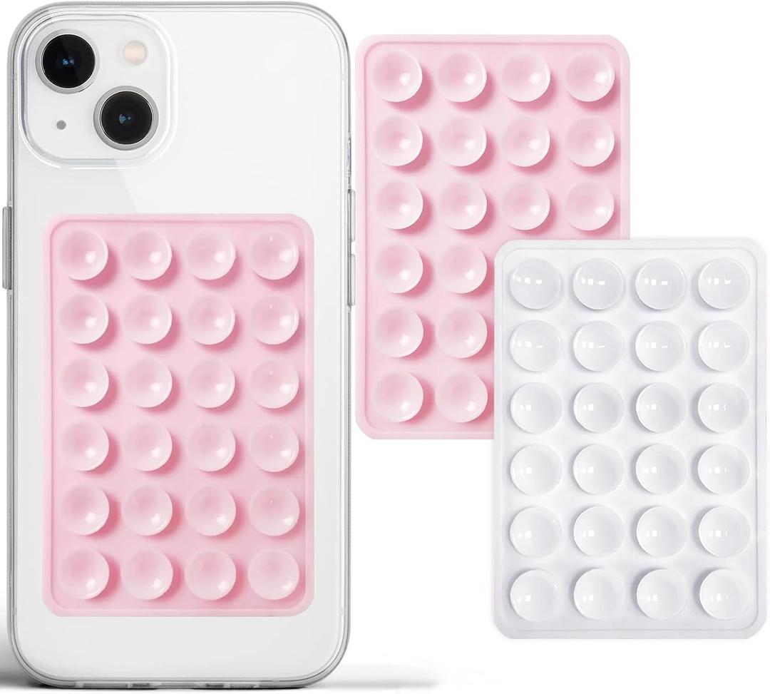 PKYAA 2 Pack Silicone Suction Phone Case Adhesive Mount, Strong Grip Holder for Selfies and Videos, Hands-Free Sticky Phone Grip for iPhone and Android, 2.17" x 3.15" (LightPink&White)