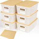 Criusia 6 Pack Plastic Storage Baskets With Bamboo Lid, Stackable Storage Baskets for Organizing Desktop Closet Shelves Drawers Pantry Organization Office Playroom Classroom (White)