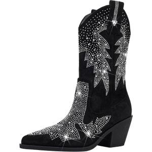 Women's Sparkly Rhinestone Bling Cowgirl Suede Western Boots Shiny Pointed Toe Chunky Heel Glitter Ankle Booties (10, Black)