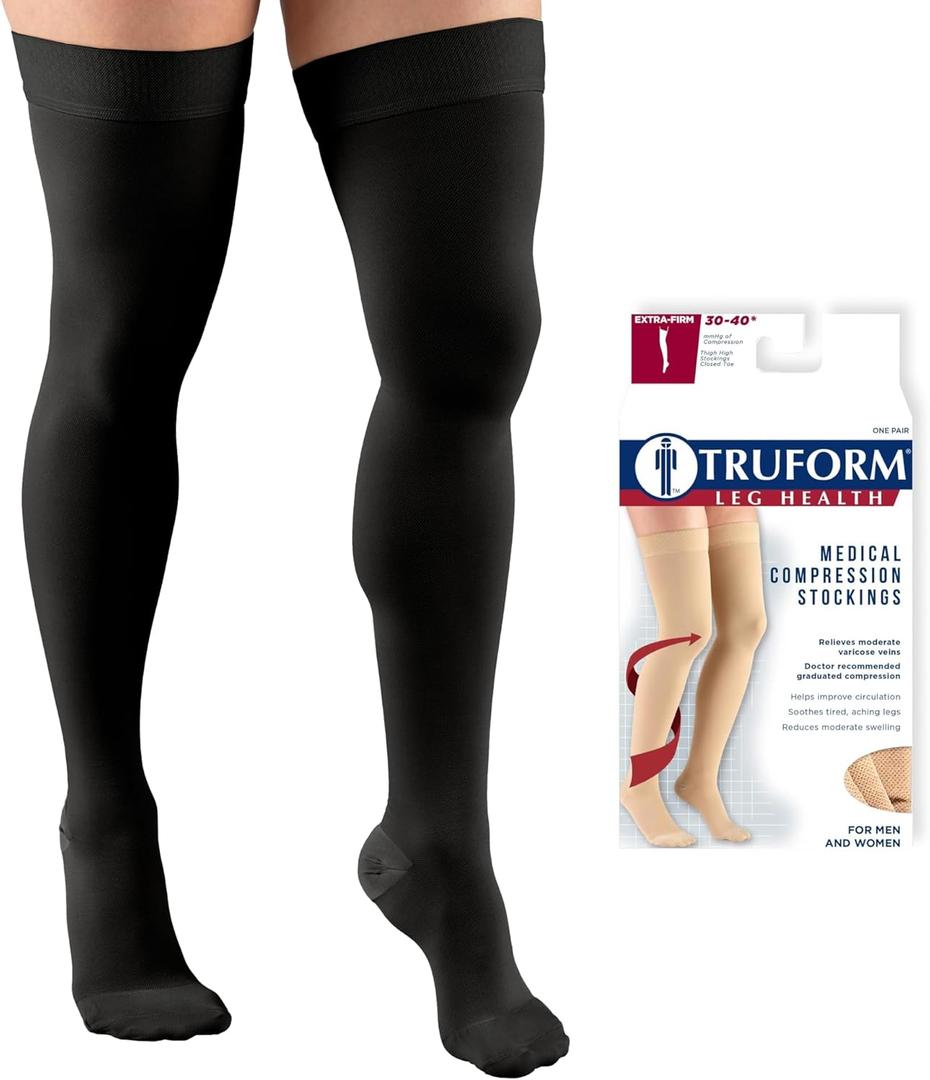 Truform 30-40 mmHg Compression Stockings for Men and Women, Thigh High Length, Dot-Top, Closed Toe, Black, X-Large(1-Pair)