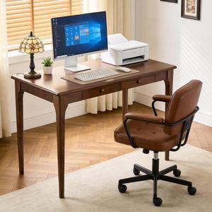 Natural Solid Wood Desk with Drawers,Mid Century Modern Real Wood 40" Writing Desk,Home Bedroom Computer Office Workstation Desks,Small Spaces,Walnut Color, 39.37"22.05"
