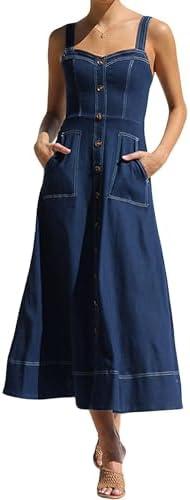chouyatou Women's Adjustable Strap Midi Long Denim Dress 2025 Button Down A-Line Swing Flowy Jean Dress, XL (Dark Blue)