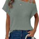 Dokotoo Womens Summer Tops Off One Shoulder Waffle Knit Short Sleeve T-Shirts Casual Lightweight Solid Color Blouses, X-Large