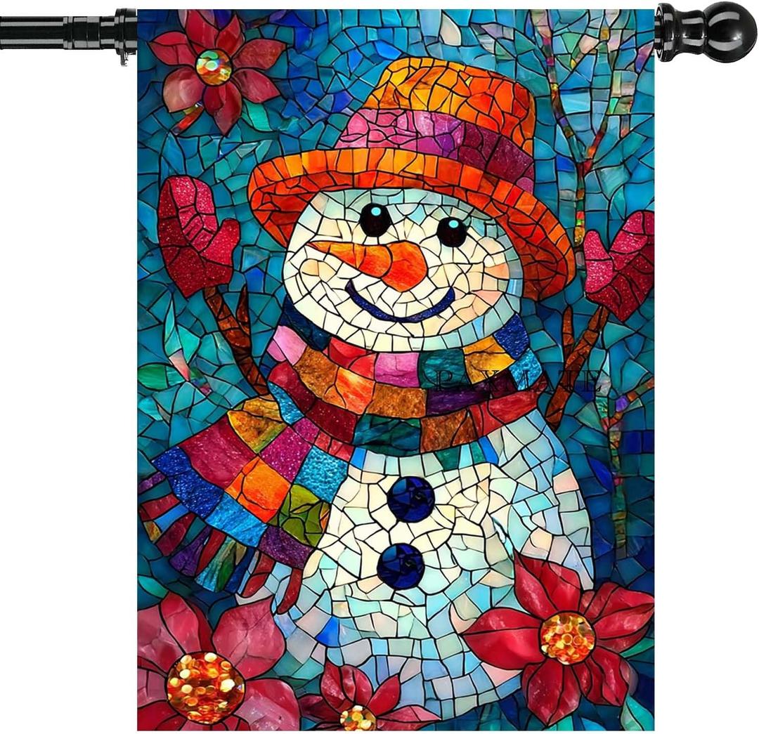 Christmas Garden Flags for Outside Winter Snowman Large Yard Flag, Stained Glass Style Seasonal Farmhouse Winter Xmas Holiday Outdoor Decor 28x40 Inch Double Sided