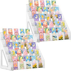 2 Pcs Acrylic Bookmark Display Stand, 5 Tier Clear Bookmark Riser with 25 Compartments for 2. 5'' Bookmarks, Portable Sticker Holder Greeting Card Display for Business Vendor Retail Store Shop