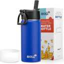 16 oz Water Bottle for Kids with Straw-Stainless Steel Double Wall Vacuum Insulated Wide Mouth Water Bottles for School, Leak-Proof Travel Water Flask(Navy)