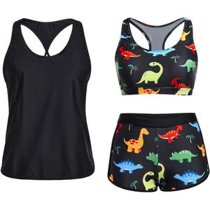 Yonique 3 Piece Athletic Tankini Swimsuits for Women with Shorts Swim Tank Tops with Sports Bra and Boyshorts Bathing Suits (X-Large, Black Colorful Dinosaur)