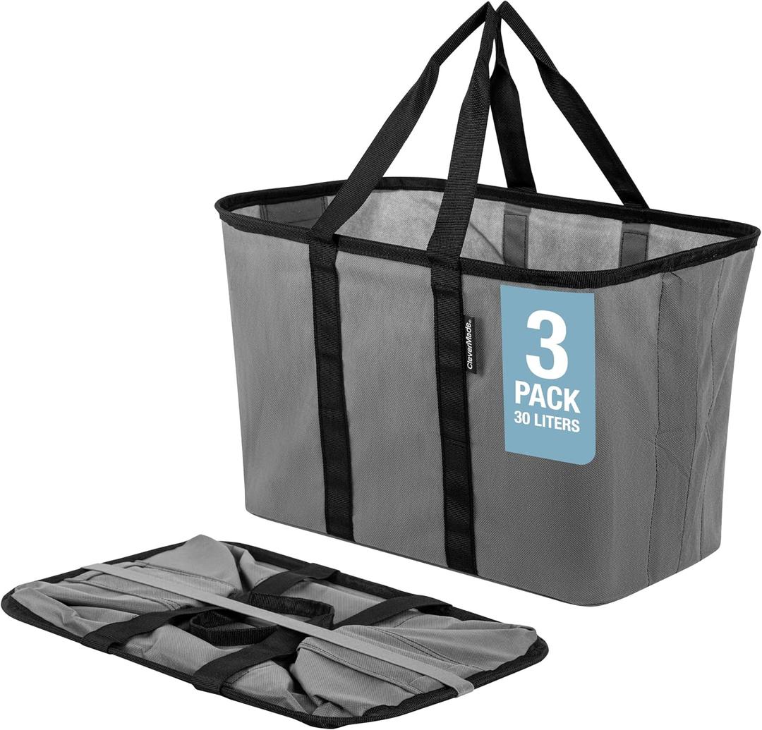 CleverMade EcoBasket 30 Liter Reusable Tote Bag with Reinforced Bottom: Collapsible Grocery Shopping Basket (Gray/Black)