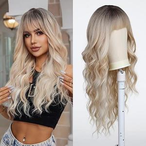 Women Long Ombre Grey Wavy Wigs with Black Root 26 Inch Charming Wigs Natural Looking Synthetic Heat Resistant Fiber Wig for Daily Party Use