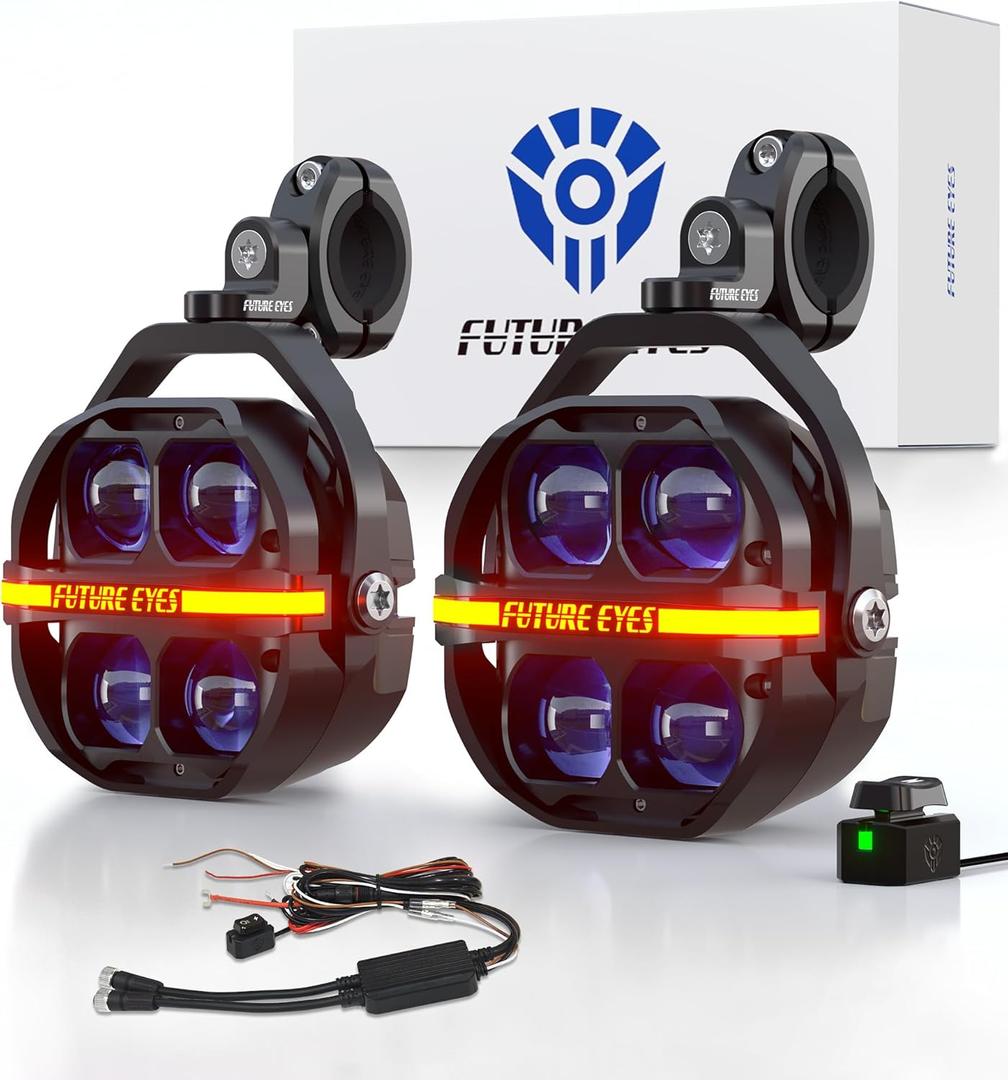 Future Eyes Motorcycle Driving Lights  180W LED Fog Lights with Amber & White Beams, Waterproof Auxiliary Spotlights with DRL, Strobe, Signal, for Night Riding Off-Road UTV ATV