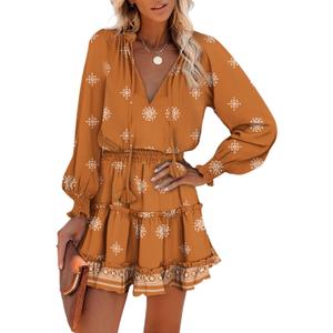Dokotoo Spring Dresses for Women 2026 Boho Floral Drawstring V Neck Smocked Long Sleeve Ruffle Tiered Chiffon Mini Dress (Orange, XL)