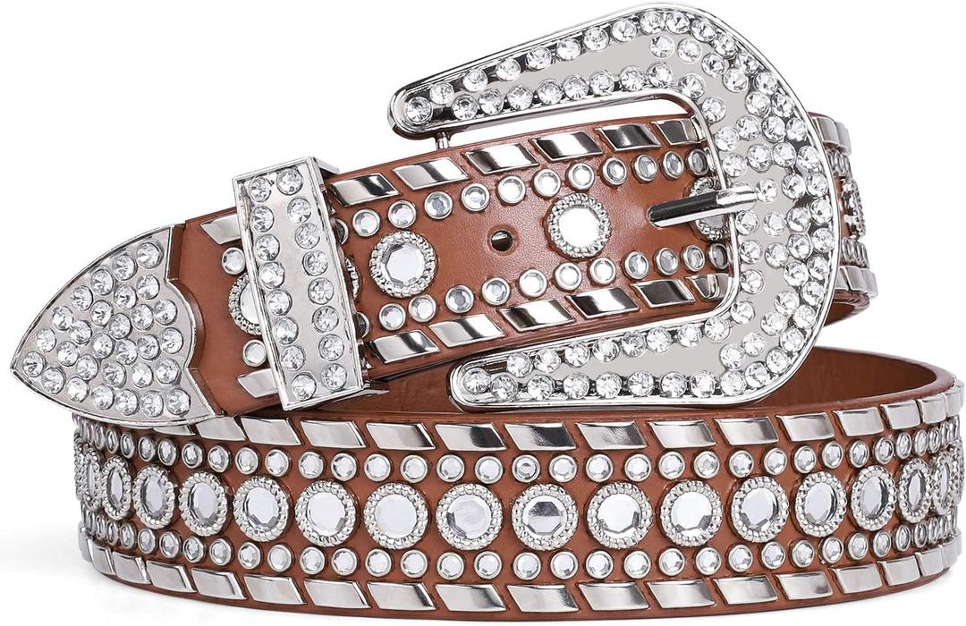 SUOSDEY Rhinestone Belt for Men Women Western Cowboy Cowgirl Bling Studded Leather Belt for Jeans Pants (S: fits pants size 28-32, 05-brown)