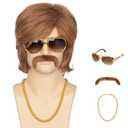 Miss U Hair Men's Brown 70s Party Wigs Mullet Halloween Wig with 70s Accessories Necklace Glasses Mustache