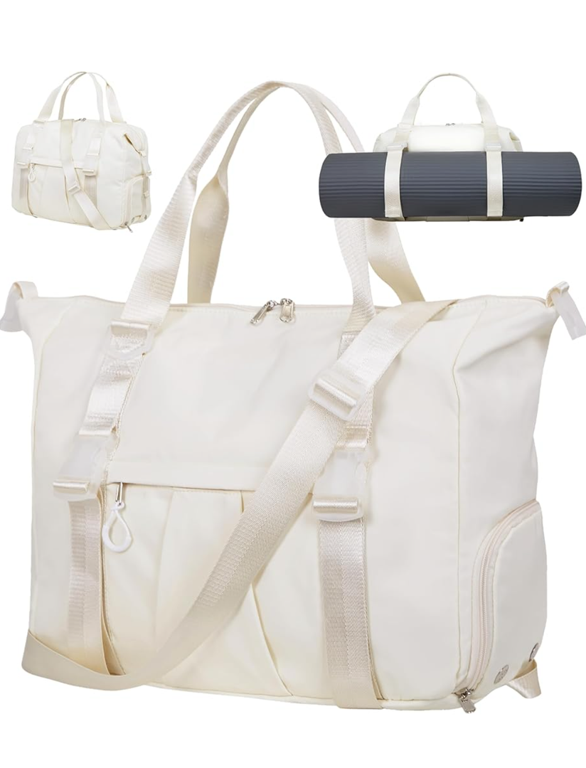 Gym Bag with Yoga Mat Holders, Carry On for Pilates Women & Men with Laptop & Shoe Compartment Large Duffle Travel Weekender Tote with Key Ring Clip Personal Item Workout, Easy to Clean - Beige