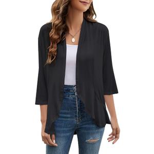 Yekaty Women Cardigan 3/4 Sleeves Open Front Lightweight Cardigan Draped Ruffles Knit Cardigan (Black), 3 XL